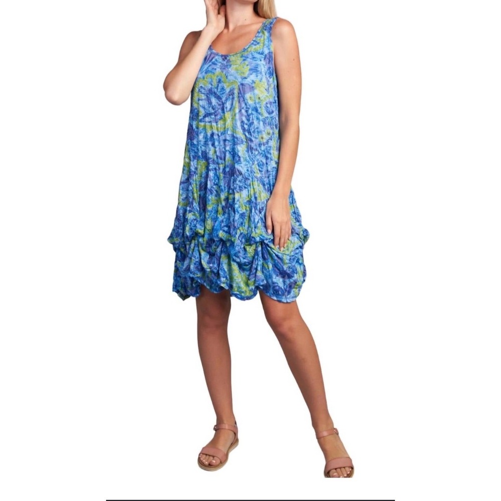 Shana Womens 2XL Blue Green Floral Sleeveless Lagenlook Balloon Hem Dress